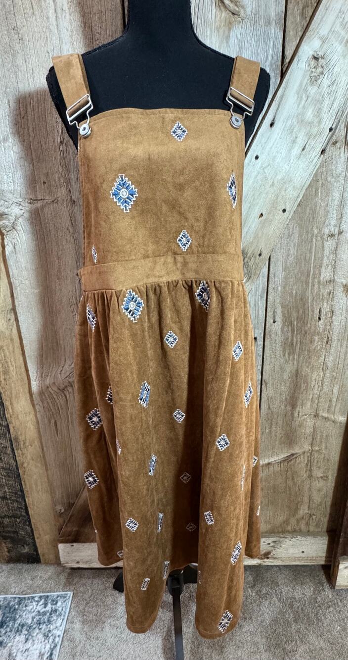BloomChic Brown Pinafore Jumper Dress W/Southwest Inspired Geometric Embroidery